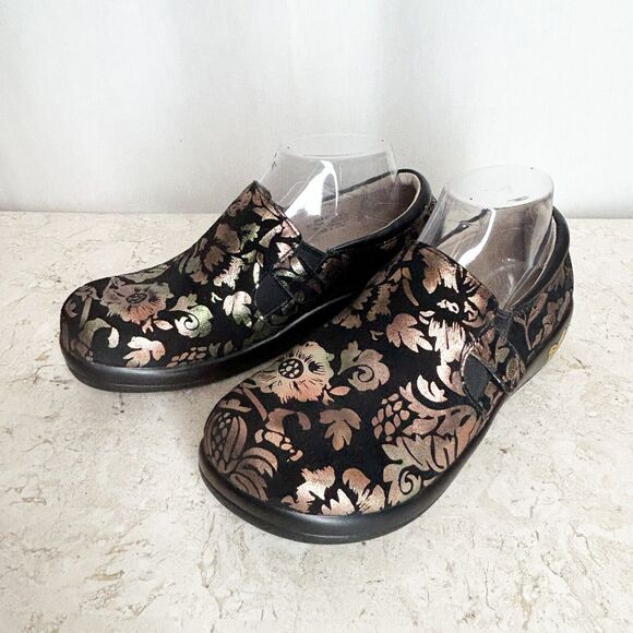 💐 Alegria Comfort Shoes Euro 38 Black Gold Floral Clogs Excellent Fun! 7 7.5 8 - Picture 8 of 16